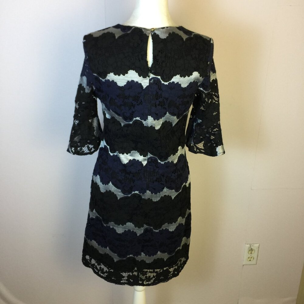 New! Stage of Playlord Dress Sz 1 US 6/S Womans Navy Black Lace 3/4 Bell Sleeve - Picture 2 of 14